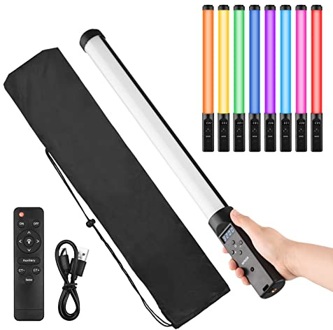 Lumières de Photographie,ERYUE Tube Lumineux RVB à Main LED Baguette de lumière vidéo 3200K-5500K Dimmable 9 Effets d'éclairage colorés Batterie intégrée avec télécommande pour Vlog Streaming en dire