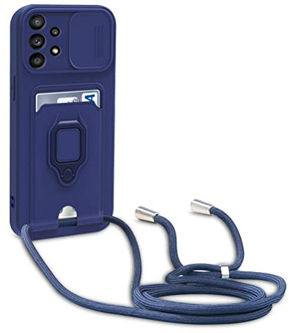 Dllatui Handyhülle Kompatibel mit Samsung Galaxy A52 5G/4G/A52s 5G Halsband Lanyard Silikonhülle,mit Kamera Schutz Schieber,Drehbarer Ständer mit Kartenfach Necklace Hülle (Blau)