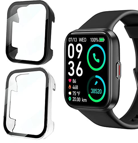 Blueshaweu Schutzhülle für ID208 Smartwatch, Hard PC hülle mit Glas Displayschutz kompatibel mit ENOMIR 208 / Aeac ID208 / Oraimo ID208 BT/Tensky id208bt Smartwatch (schwarz+transparent)