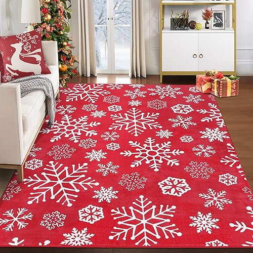 LuxFocus Alfombra grande de Navidad de 1,5 x 2,1 m, para sala de estar, dormitorio, antideslizante, decoración del hogar, ultra suave, lavable a máquina, diseño de copos de nieve, 160 x 230 cm