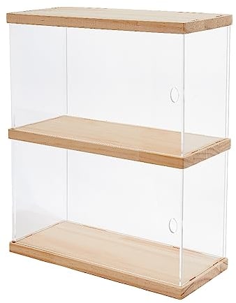 SUPERFINDINGS Vetrina Trasparente in Acrilico 2 piani Scatola Organizzatrice con Base in Legno,25.4x11.6x29.6cm Scatola di Stoccaggio per Collezione Oggetti,Espositore da Tavolo per Espositori Modelli
