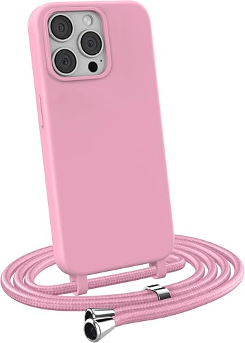 MyGadget Funda para iPhone 15 Pro MAX - Carcasa con Cuerda en Silicona TPU Suave con Cordón - Case y Correa Colgante Ajustable y Portátil - Rosa