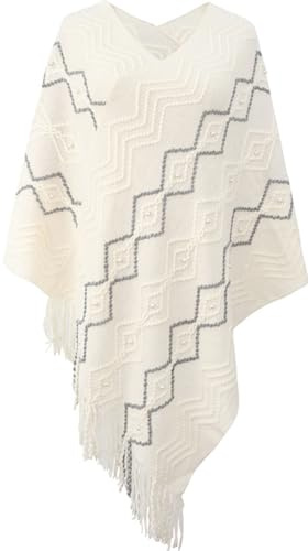 Strick Poncho mit Fransen für Damen Elegant Streifen Flanell Cape Pullover mit Mehrweg-Ausschnitt Leicht und Warm Bequemer Pullover mit Fransen