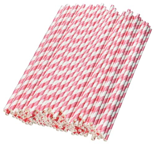 Lot de 600 pailles jetables extra longues en papier, à rayures roses et blanches, 26 x 0,6 cm, pour boire, anniversaires, fêtes, décorations, bars, restaurants