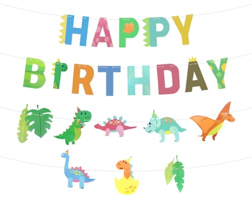 Dinosaurier Kindergeburtstag Banner Jungen Mädchen Kinder, Dino Niedliche Happy Birthday Wimpelkette Girlande Banner für Dinosaurier Jurassic Thema Geburtstag Party Hängende Wanddekoration