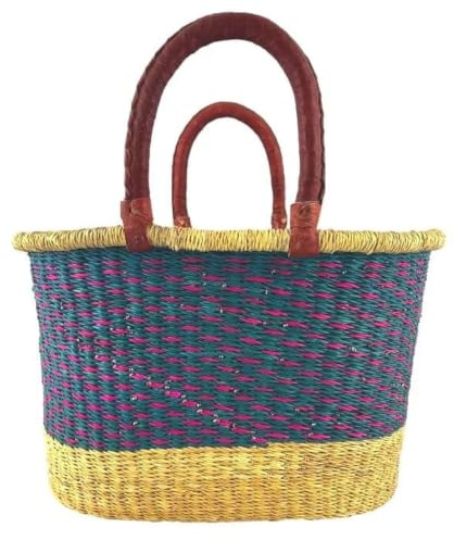 Bolga Korb Afrika - Das Original aus Ghana - Bunt - Fair Trade - Oval - Viele Farben - Afrikanischer Graskorb mit Ledergriff - Flechtkorb 30-40 cm - Ovaler Korb mit Wunschdesign (Yendi)