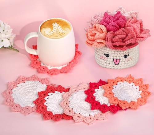 ENCHOL Crochet Kit for Beginners - 6Pcs Handmade Coasters in a Plant Pot Crochet Start Kit, Complete Beginner Crochet Kit with Yarn, Accessories, Step-by-Step Video Tutorials for Adult Beginners