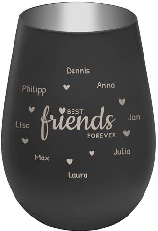 Windlicht mit Gravur ''Friends'' - personalisierbar mit Namen und Spruch - Schwarz/Silber - Höhe 12 cm - Teelichthalter Kerzenhalter Vornamen Freunde Freundinnen