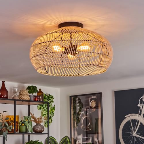 HOFSTEIN Deckenleuchte Brandala, Deckenlampe aus Metall/Bambus in Schwarz/Natur, Leuchte im Boho/skandinavischen-Design (Ø 50 cm), Lichteffekt durch Gitter-Optik, 3 x E27, Wohnzimmer, Schlafzimmer