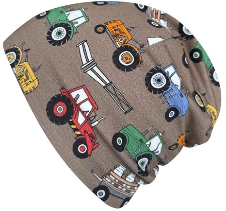 Wollhuhn Jungen/Mädchen Shorties Beanie/Beanie-Mütze/Kinder-Mütze Bequem Viele Motive Jersey Zweilagig Gefüttert Übergangszeiten (Öko-Stoffe/Bio) 2024202401 (Shorty Trecker Braun/Bunt, M)