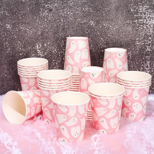 Whaline 50 bicchieri di carta usa e getta con fantasma di Halloween, graziosi, rosa, bianchi, bicchieri per feste di Halloween, per bevande calde e fredde, decorazioni da tavolo, 255 g