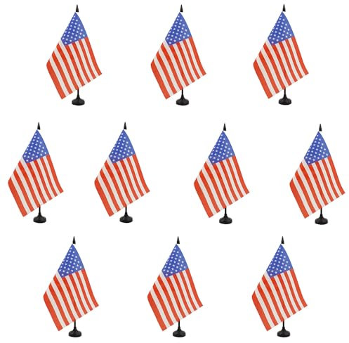 AZ FLAG 10 Tischflagge USA, 21 x 14 cm – 10 kleine amerikanische Flaggen – USA, 100 % Polyester, mit 25 cm Fahne und Sockel aus schwarzem Kunststoff