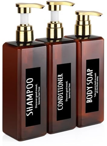 DEROANBOTT Black Shampoo and Conditioner Dispenser Set of 3, 16.9oz Shampoo Bottles Refillable with Pump - Body Wash Dispenser for Shower Shower for Decor (Tawny)