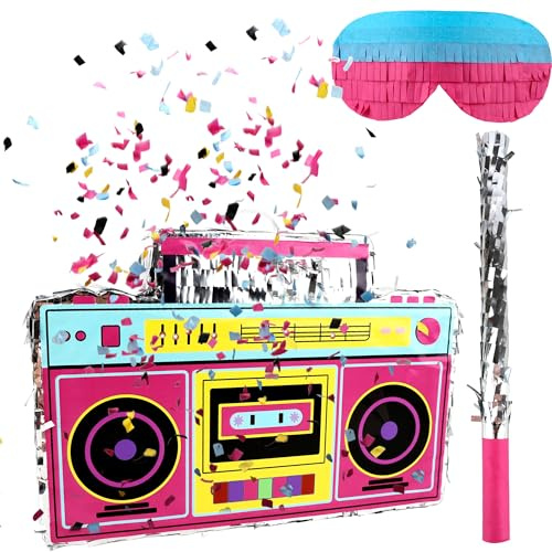 4 Pack 80s 90s Radio Boombox Set Includes Boombox for Pinata and Bat Stick Blindfold Colored Confetti for 80s 90s Nostalgia Hip Hop Theme Party Supplies