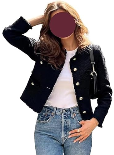 FYHTC Damen Tweed Jacke Slim Fit Dick Langarm Freizeit Business Jacke Elegant Blazer Kurzjacke Büro Jacke Kurz Mantel Anzüge Bolero