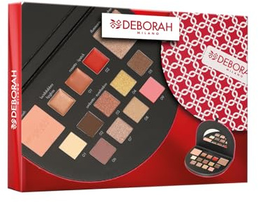 Deborah Milano Geschenkset für Damen, Make Up Beauty Gift Nr. 1 Mini warme Töne, inklusive Palette von Lidschatten, Gloss, Lippenstift und Gesichtspuder mit verschiedenen Oberflächen und Farben, aus