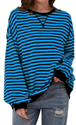 Chicrise Sweatshirts Femme Rayé Col Rond Pull Vintage Marinière Top Mode Casual Bleu Moyen 38-40