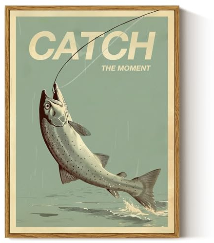ARPEOTCY Gerahmte Vintage-Wandkunst auf Leinwand, Vintage-Wandkunst für Wohnzimmer, Catch the Moment, Fisch-Badezimmerbild, Geburtstag, Vatertag, Angeln, Geschenke für Männer (30,5 x 40,6 cm)