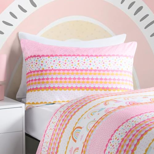 OHS Single Bedding Set Bright Rainbow, Soft Fabric, Vibrant Rainbow Design with Pink, Orange, Blue, Reversible Quilt Cover & 1 Pillowcase, Multi - Single Size