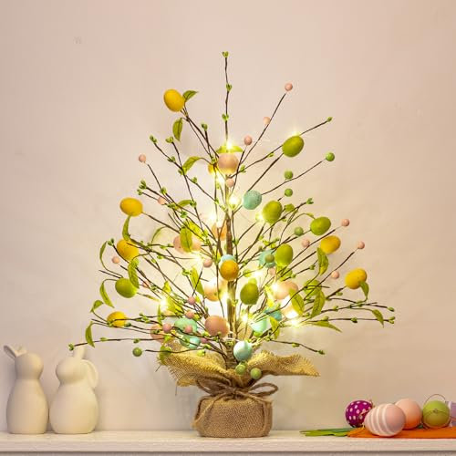 kopotma Ostern Deko Lichterbaum, 51cm Groß Ostereierbaum mit Licht, Osterbaum mit Bunte Ostereier, Tischdeko Ostern Osterdekoration für Innen Zuhause Party