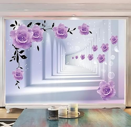 Mural de pared para decoración del hogar, diseño de flores moradas en 3D, pintura de pared para sala de estar, 3D, 300 x 210 cm
