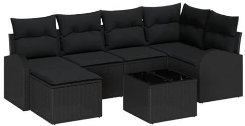 vidaXL 7-teiliges Garten-Sofa-Set mit Kissen aus schwarzem Rattan. Wetterfest, ideal für Terrassen und Balkone. Verstellbare Beine, perfekt für mehrere User.