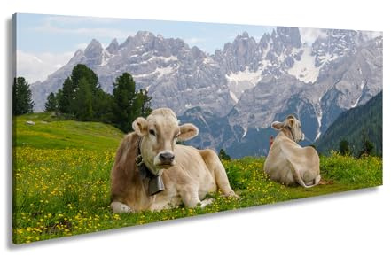 Leinwandbild Almidylle – Kühe ruhen vor majestätischer Bergkulisse. Panorama 120x60cm XXL Kunstdruck Bild auf Keilrahmen/Wandbild/Wohnzimmer Dekoration