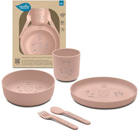 Nuvita 8465 Bioplastik Esslern-Set – Teller, Schüssel, Becher und Besteck aus biologisch abbaubarem PLA – Spülmaschinengeeignet, mikrowellenfest, BPA- und phthalatfrei – Ab 6 Monaten - English Rose