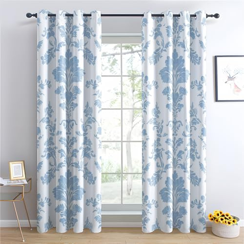 Luxfieo Damast Vorhänge Blau Weiß Barock Vintage Floral Vorhang Blickdicht Gardinen 220 cm Lang Verdunklungsvorhänge mit Ösen Thermovorhang für Wohnzimmer Schlafzimmer Fenster Deko 2er Set