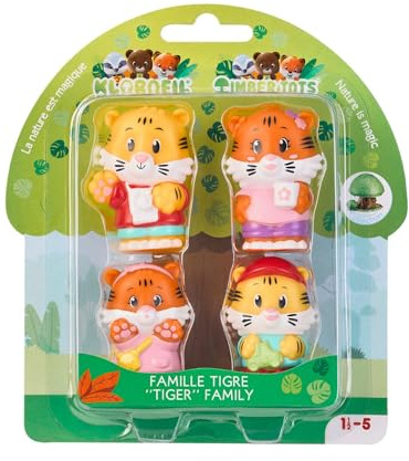 Les Klorofil – Famille Tigre – Figurines Souples Jouet d’Imagination dès 18 Mois – Lot de 4 Personnages – Figurines Animaux à Collectionner Compatibles avec Univers Klorofil – Jeu d’Éveil Enfant