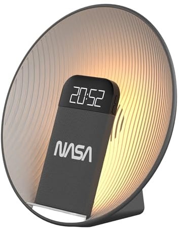 NASA Wecker SPC600 – Radiowecker, Bluetooth-Lautsprecher, kabelloses Laden 15 W Qi, Doppelalarm, Wecker, LED, Lithium-Akku, Lautsprecher 5 W RMS – Grau