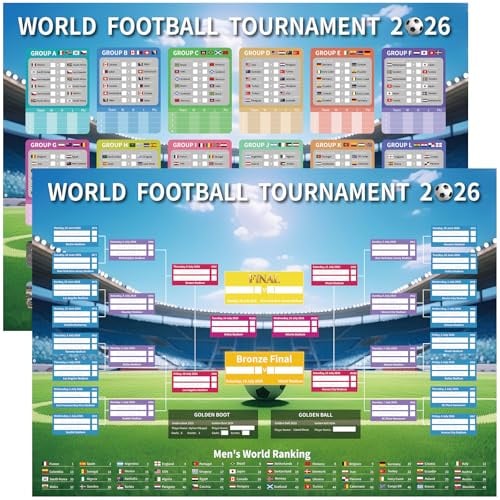 YOFANUP Tabellone da parete per i Mondiali di calcio 2026, 2 poster con programma, decorazioni per feste di calcio, formato A2 60x42cm/23.6x16.5 pollici, programma dei Mondiali, ottimi regali per i