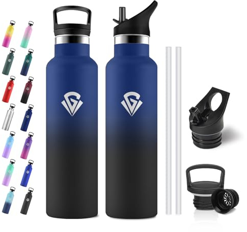 JAPORIA Gourde Inox 750ml, Gourde Acier Inoxydable, Bouteille Isotherme Double Paroi, Bouteille d'eau avec Paille pour Adulte, Alpinisme, Voyage, Randonnée