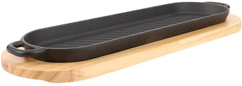 Kichvoe Plat à Steak en Fonte Ondulé avec Base en Bois, Plaque de Cuisson Rectangulaire 30 Cm, Poêle à Steak Ménager Antiadhésive pour Barbecue et Assiette de Poisson Grillé, Ustensile