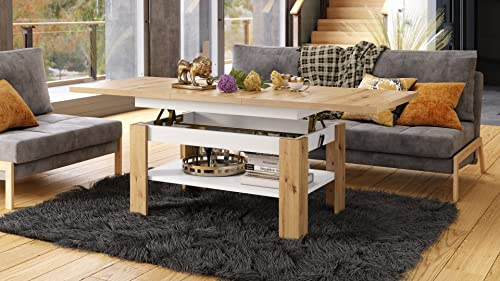 designimpex Rio Couchtisch ausziehbar höhenverstellbar 130/170 cm in Eiche Artisan/Weiß Matt modern Ablage Wohnzimmertisch Esstisch Beistelltisch Sofatisch Couch Tisch Living Room Table Wohnzimmer