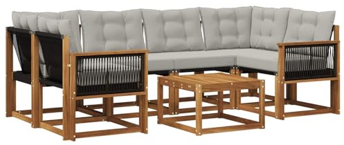 vidaXL Outdoor-Sofagarnitur mit Kissen 7 pcs Natürlich und Hellgrau, Moderne Garten-Sofa-Garnitur, Robustes Akazienholz, Bequeme Terrasse, stilvolle Couch zum Entspannen