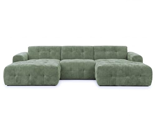 Moderne Wohnlandschaft in U-Form mit raffinierten Steppungen, B323/T161/H79 cm, 6-Sitzer, Wellenunterfederung, angenehm weicher, strapazierfähiger Chenille-Bezug in Grün / 21049