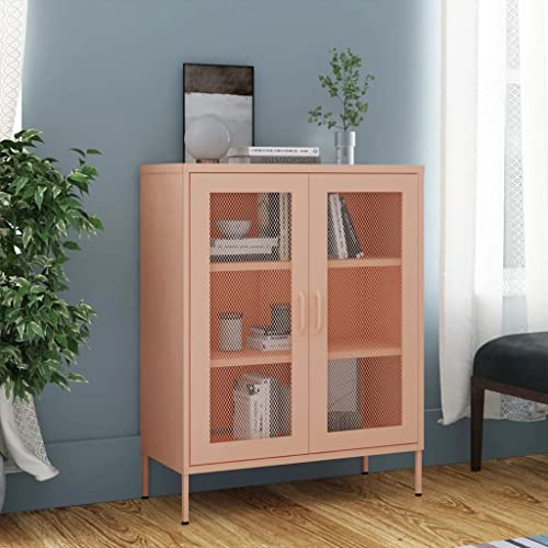 Kangardius Armoire de rangement rose en acier 80 x 35 x 101,5 cm avec pieds réglables et 2 portes en grille, armoire multifonction avec compartiment verrouillable, idéale pour salon, bureau, couloir