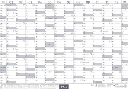 Mega-Posterplaner, silber 2027: Großer Jahresplaner in silber. Wandkalender 2027 zum Eintragen. XXL Büro-Kalender mit Ferienterminen und Feiertagen. 68 x 98 cm