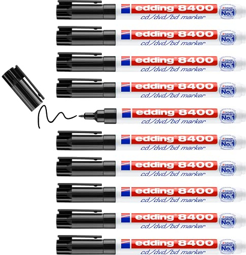 edding 8400 CD/DVD/BD marker - black - 10 pens - fine round nib 0.5-1 mm - for permanent labelling of CDs, DVDs and Blu-Ray Discs