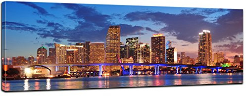Bilderdepot24 Bild auf Leinwand | Skyline von Miami South Beach - Florida I in 120x40 cm als Panorama Wandbild XXL | Wand-deko Dekoration Wohnung modern Bilder | 171029