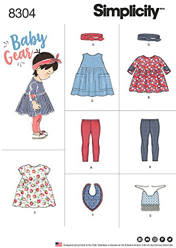 Simplicity Pattern 8304 A (XXS-XS-S-M-L) Babies', Leggings, Top, Dress, Bibs and Headband i, Paper, White, 22 x 15 x 1 cm