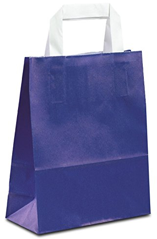 Papiertüten blau mit Flach-Henkel I 100 Stk. 22+10x28cm I Papiertragetasche für Einzelhandel, Weihnachten, Mitbringsel, TO-GO I Geschenktüten aus Kraftpapier I HUTNER
