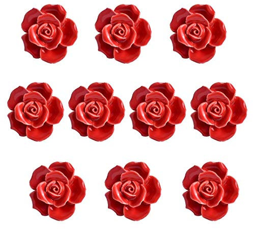 Eidoct Türknäufe aus Keramik, Vintage-Stil, Blumenmuster, Rose, Blume, für Schublade, Küche + Schrauben, Rot, 10 Stück