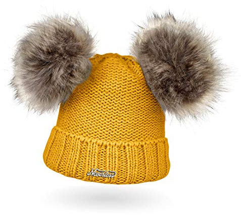 Neverless® gefütterte Damen Strickmütze mit Doppel-Fell-Bommel und Fleece Futter, Winter-Mütze, Bommelmütze senfgelb
