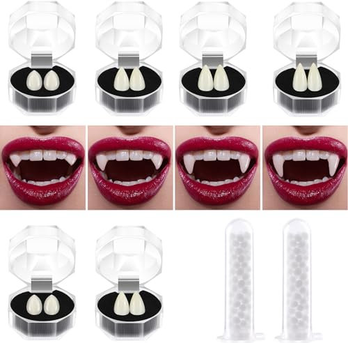 TUPARKA 6 Paar Vampirzähne Vampirzähne mit Kleber Cosplay Requisiten Fangs Cosplay Kostüm Prop für Horror Party Dekoration Halloween Party Favors