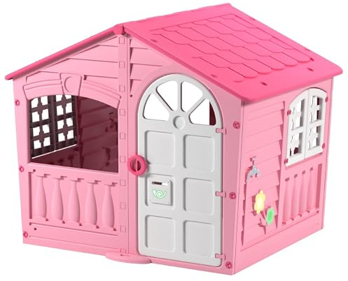 Palplay Plastic Playhouse, House of Fun, Indoor and Outdoor Playhouse, UV Resistant, Playhouse for Girls and Boys, Imagative Fun, Suitable for Ages 2+, Pink and White, 130 x 111 x 115cm