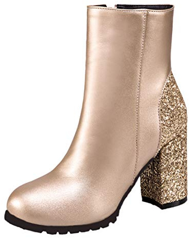 MISSUIT Damen Glitzer High Heels Stiefeletten mit Blockabsatz und Reißverschluss Chunky Heels Ankle Boots Pailletten(Gold,37)