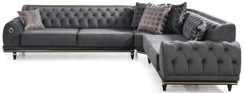Casa Padrino Luxus Art Deco Chesterfield Ecksofa Grau/Schwarz/Gold 320 x 285 x H. 82 cm - Edles Wohnzimmer Sofa mit dekorativen Kissen - Luxus Qualität