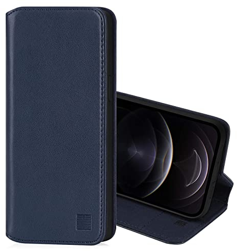 32nd Classic Series 2.0 - Real Leather Book Wallet Flip Case Cover For Apple iPhone 12 Pro Max (6.7), Real Leather With Card Slot, Magnetic Closure and Built In Stand - Navy Blue